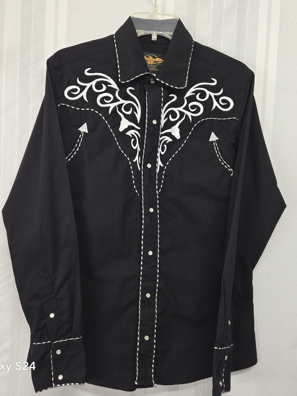 El General Black Western Button-Down Shirt with White Embroidery